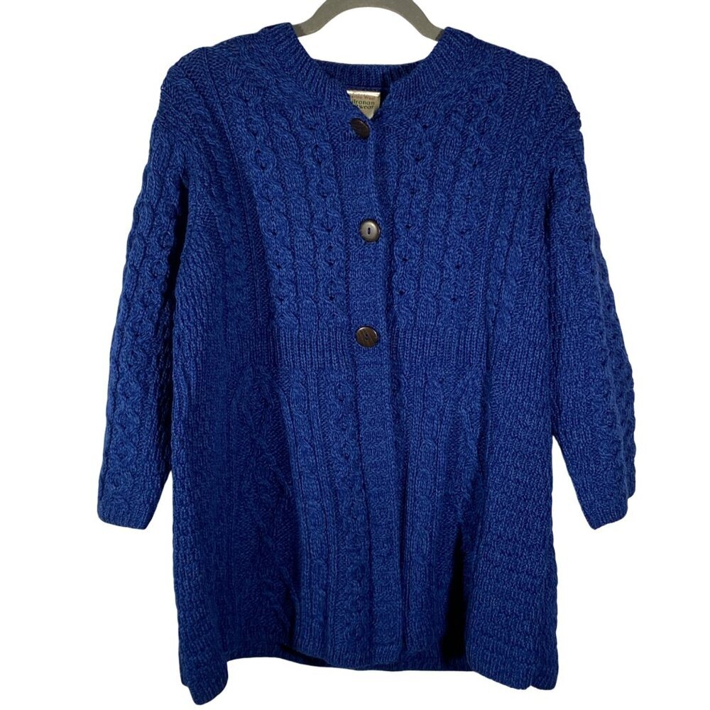 Kilronan Knitwear Womens M Blue Cable Knit Chunky Cardigan Sweater 100% Merino